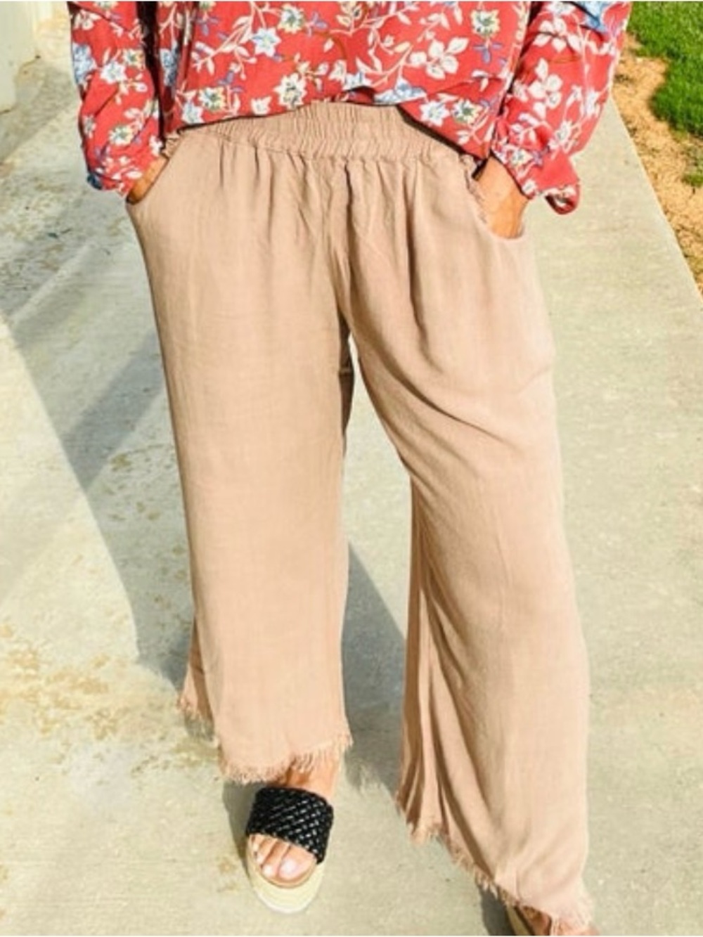 Umgee Beige Wide-Leg Fringe Hem Pants